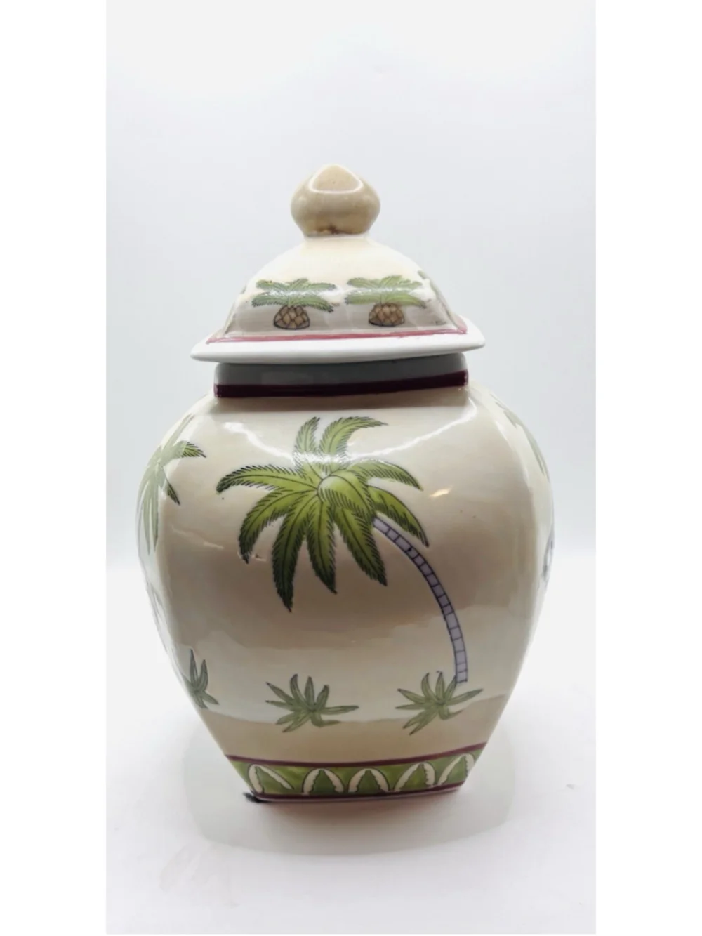 Vintage Chinese Elephant Palm Hand Painted Asian Artistic Canister Urn Vase